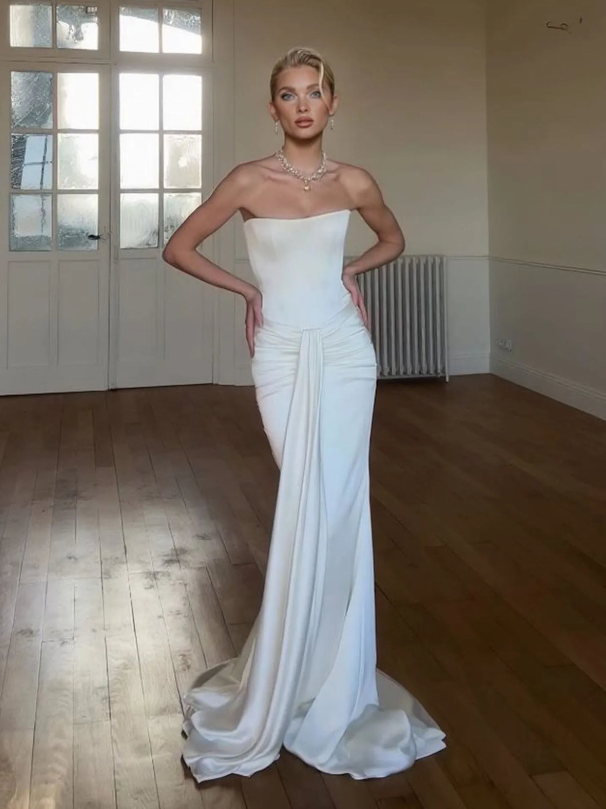 Elegant Strapless Ruched Drape Maxi Dress