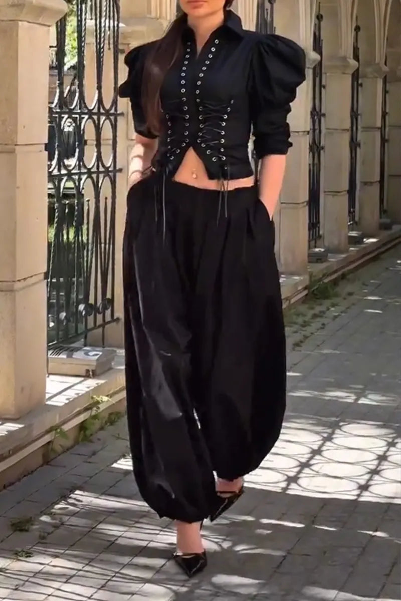 Women's Fashion Gigot Sleeve Tie Front Shirts or Wide Leg Pants