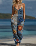 Women's Summer Star and Moon Theme Embroidery Gradient Denim Pocket Overalls 82e5