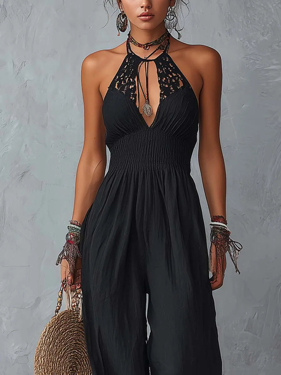 Bohemian-Style Lace Halter Cotton-Linen Jumpsuit