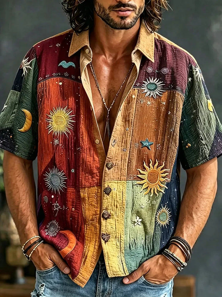 Men's Hippie Patchwork Moon Sun Art Print Shirt