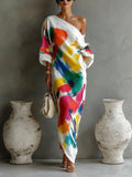 Casual Abstract Print H-Line Asymmetrical Maxi Dress With Belt