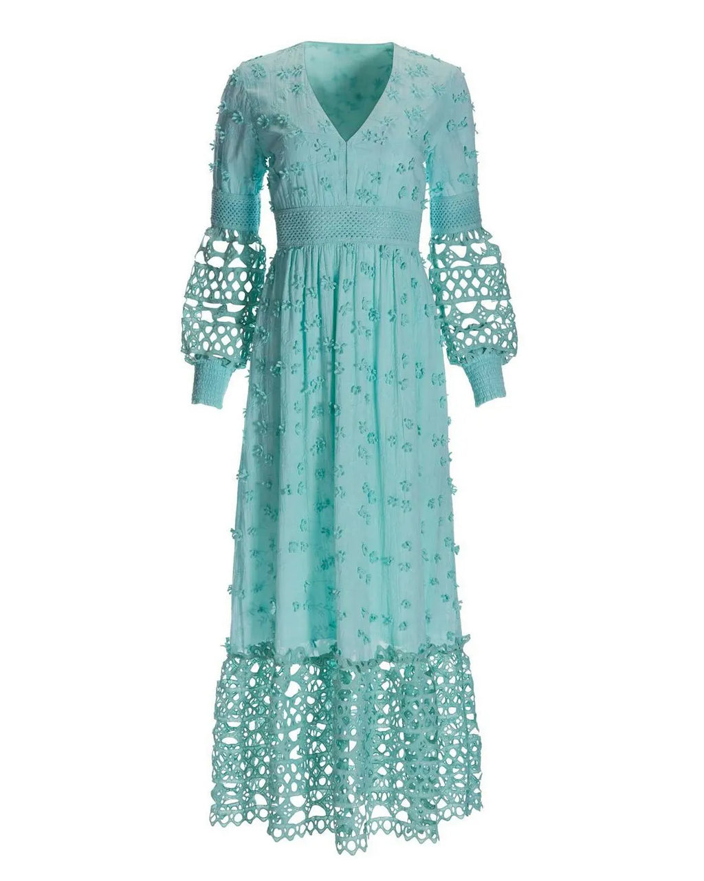 Long-Sleeve Illusion Lace A-Line Maxi Dress