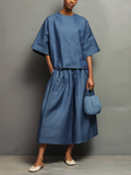Women's Casual Denim Blue Loose-fitting Long-sleeved Round-neck Top Paired With A Skirt