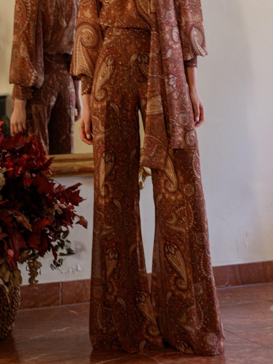 Retro Paisley Print Tie-Neck Long-Sleeve Shirt