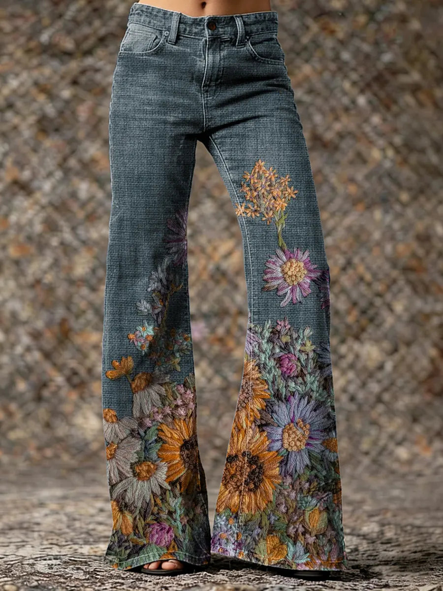 Women's Floral Art Print Casual Washed Pants