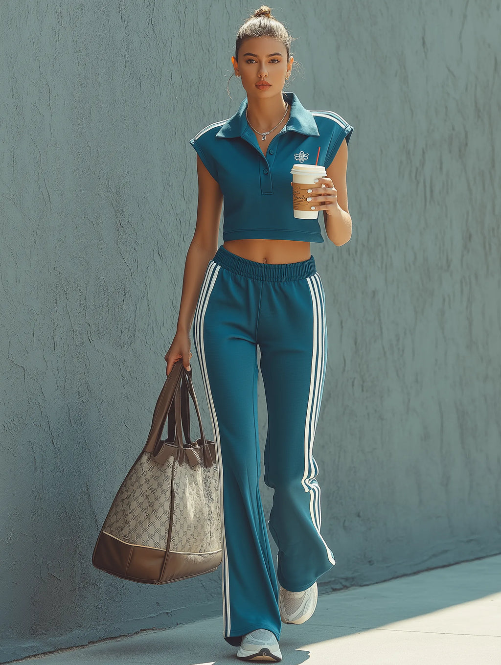 Women's Sporty-Casual Set: Sleeveless Collared Cropped Sweatshirt & Flared Pants MDZ1606D7Y