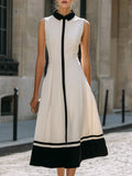 Contrast Trim Sleeveless A-Line Maxi Dress With Structured Collar