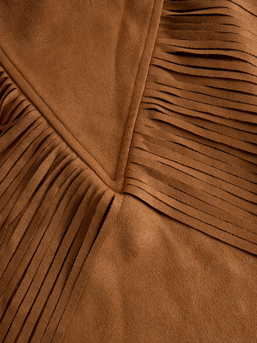 Western Retro Light Brown Faux Suede Zipper Tassel Long-Sleeved Jumpsuit