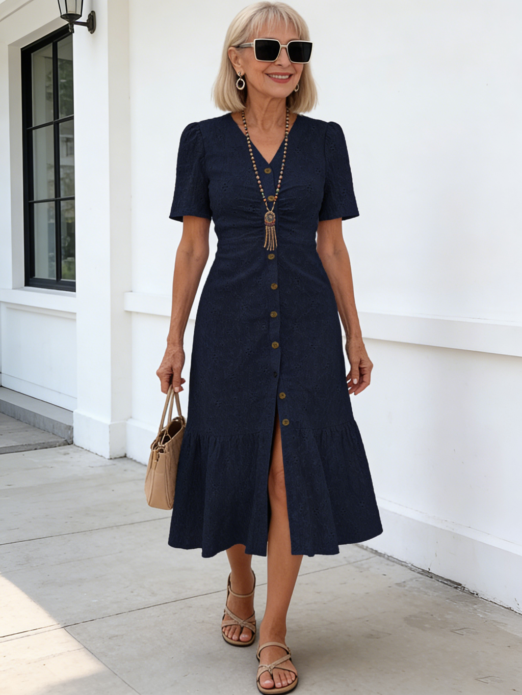 Textured Fabric Hollow Fabric Fashion Dress Short Sleeve Solid Color