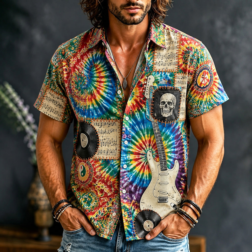 Men's Hippie Tie Dye Sheet Music Skull Guitar Patchwork Print Short Sleeve Shirt