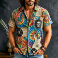 Men's Hippie Tie Dye Sheet Music Skull Guitar Patchwork Print Short Sleeve Shirt