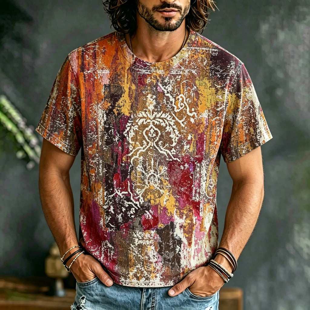 Men's Retro Tie-dye Design Cotton Linen Crew Neck Short Sleeve T-shirt