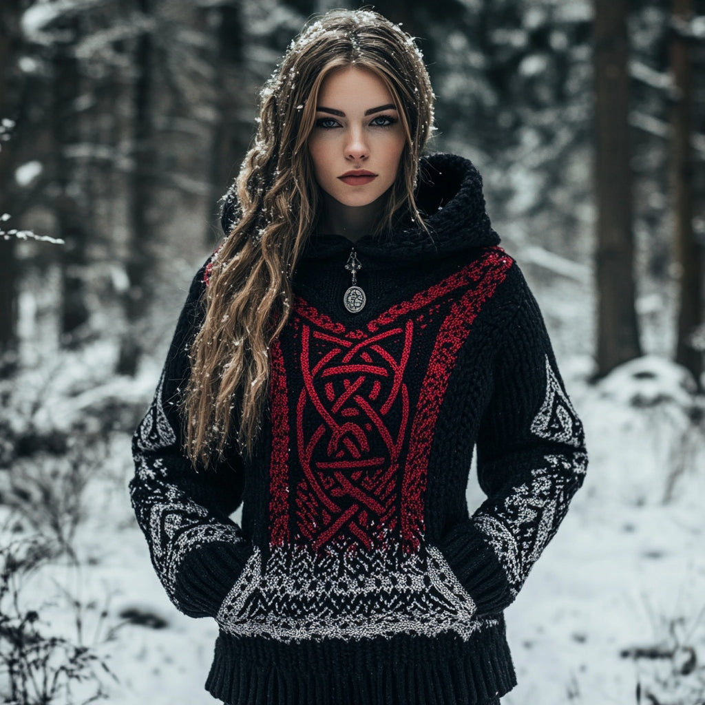 Women's Viking Totem Celtic Knot Retro Pocket Hooded Sweater