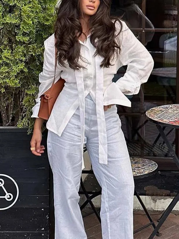 Minimalist Stand-up Collar Ribbon Back Lace-up Shirt and Wide Leg Pants Set-Pants