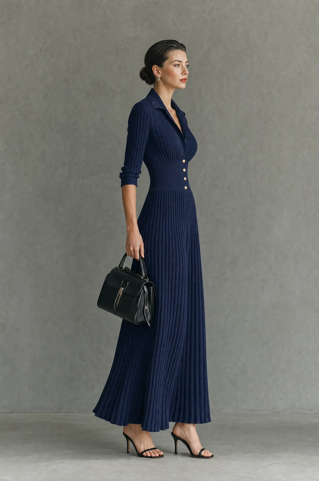 Women's Elegant Button-Front Collared Pleated Knit Dress MDZ0607H5WY