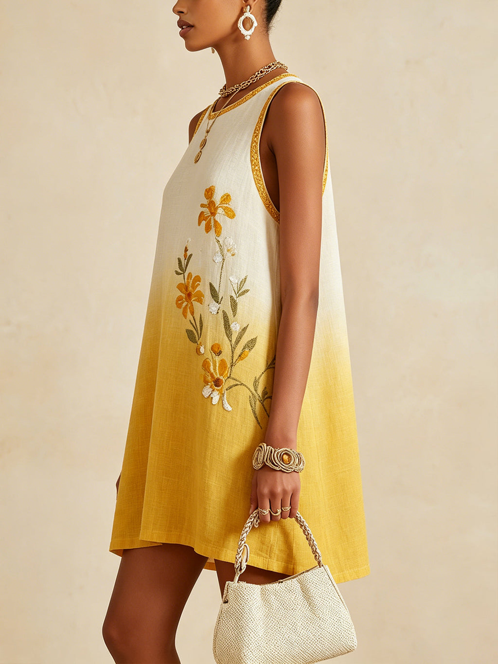 Yellow Ombre Sleeveless Mini Dress With Floral Embroidery