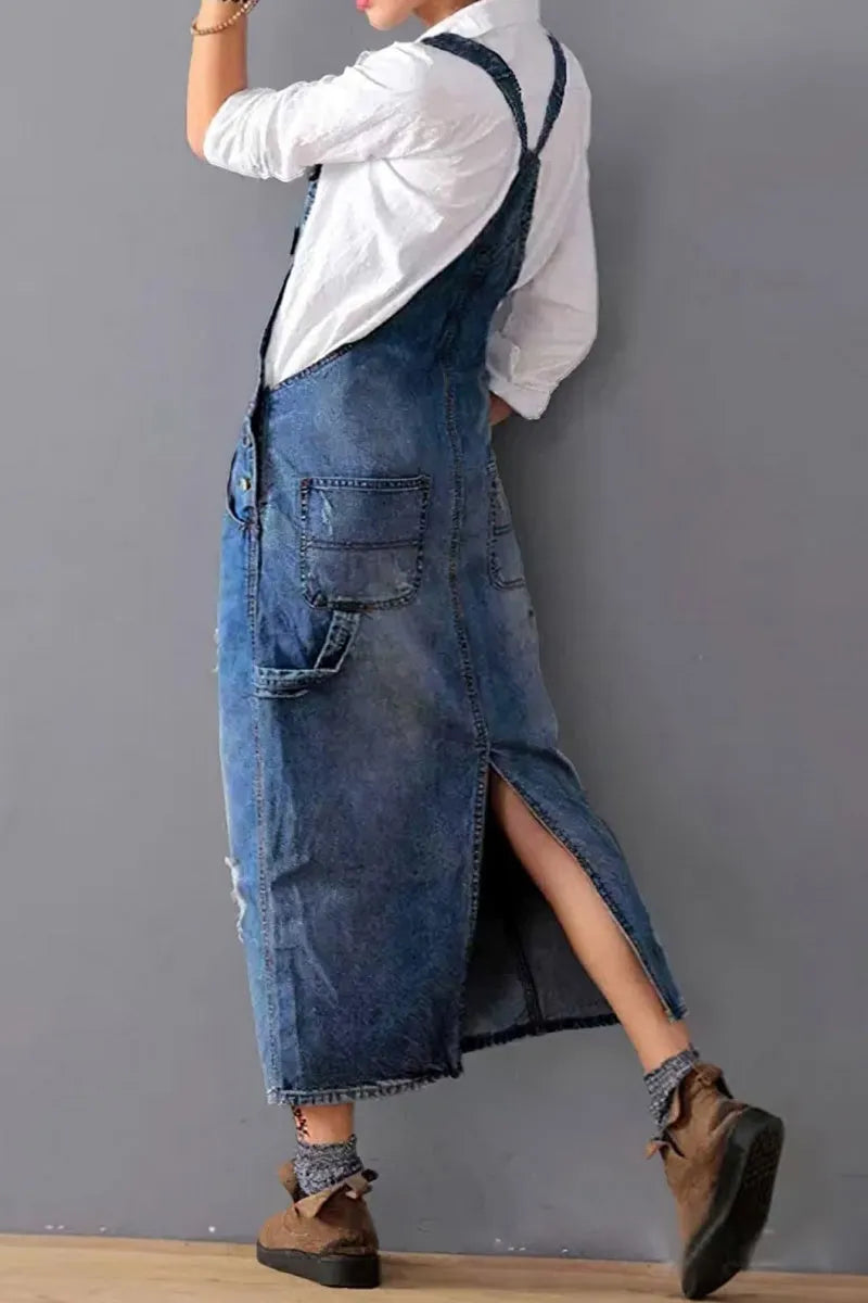 Women's Adjustable Strap Distressed Denim Overall Dress A-Line Pinafore Jean Dress with Split