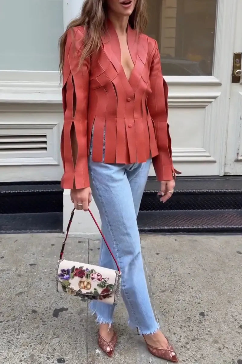 Women Cut Leather Short Jacket or Light Blue Fringed Straight Leg Jeans