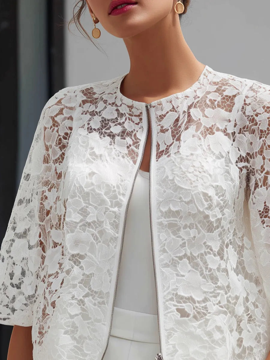 Floral Lace Zip-Front Cropped Overlay Jacket