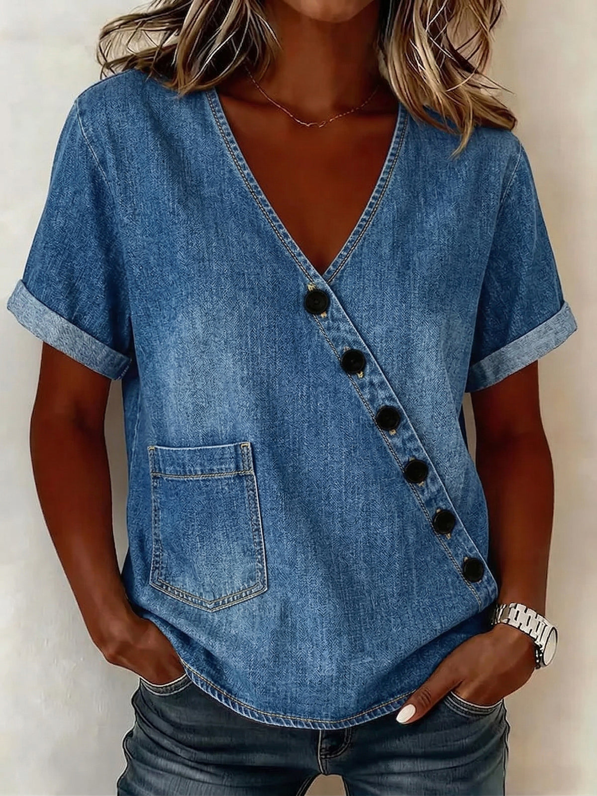 Casual Button-down V-neck Denim Shirt
