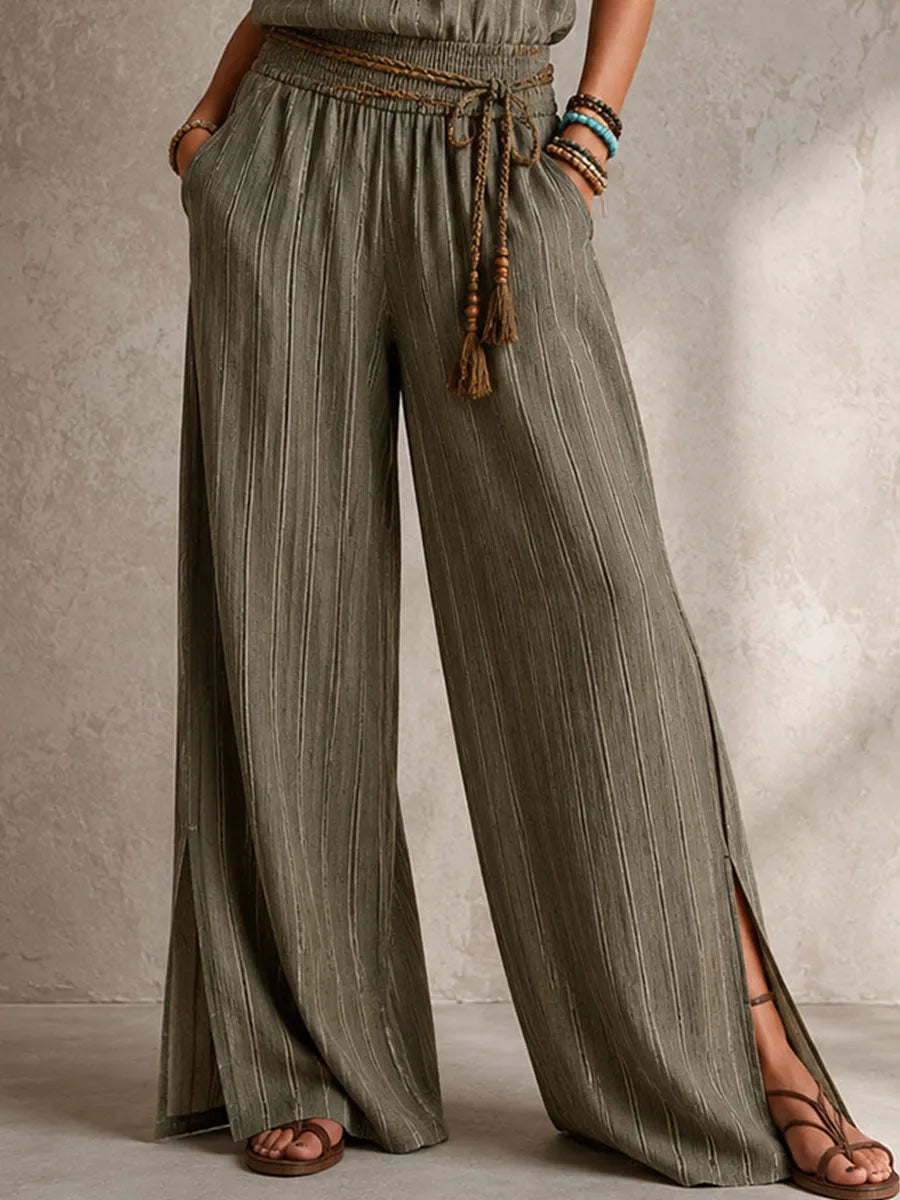 Bohemian Olive Stripe Smocked Waist Halter Wide-Leg Jumpsuit