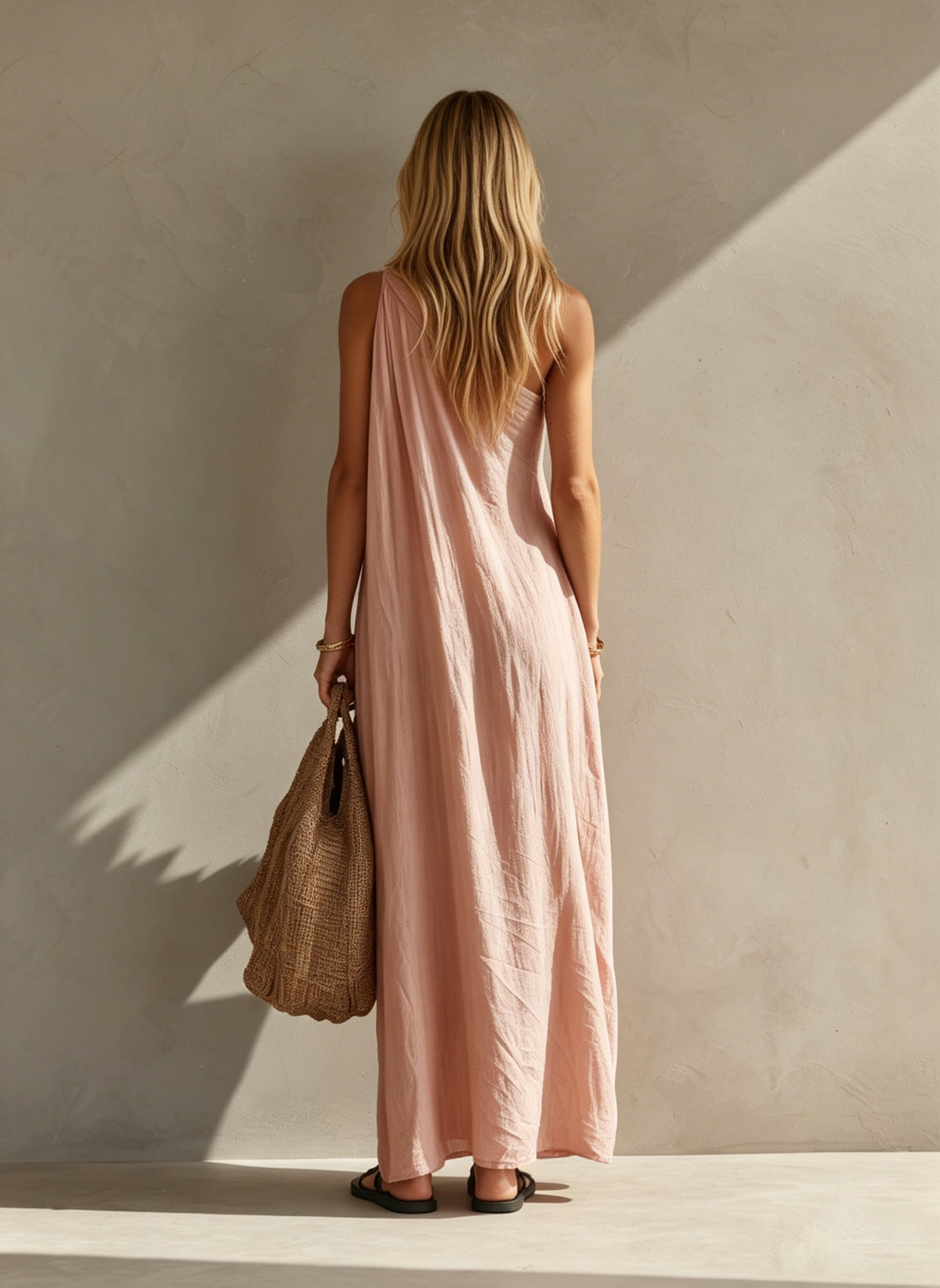 Women's Elegant Pink Cotton-Linen One-Shoulder Sleeveless Maxi Dress MDZ0829E1LXY