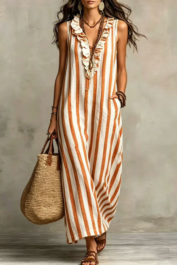 Women's Retro Striped Ruffle Sleeveless Dress
