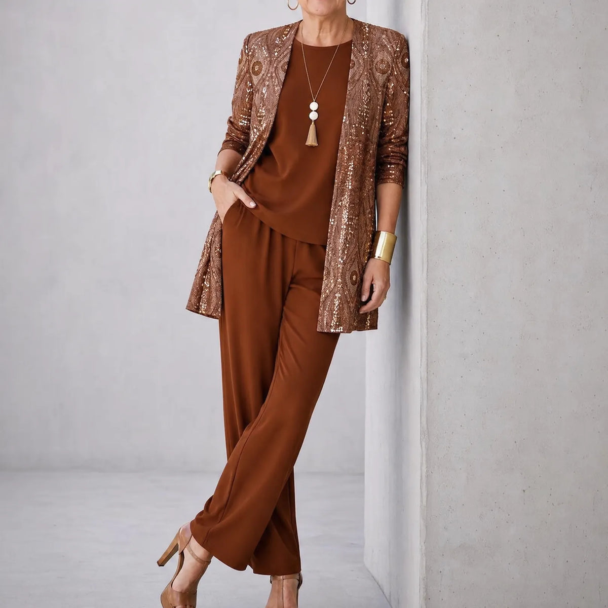 Trielle – Women's 3-Piece Printed Pantsuit Set, Duster, Shell and Wide-Leg Pants