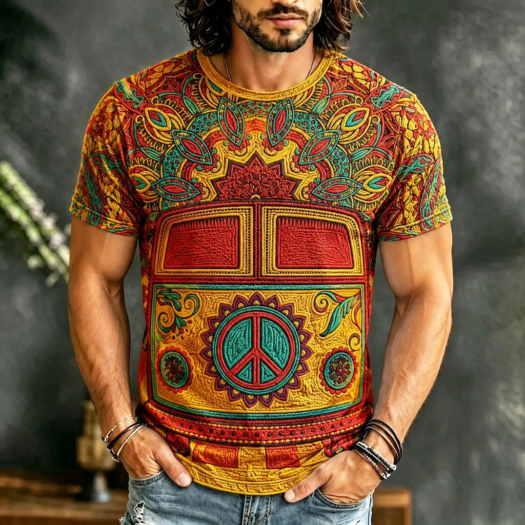 Men's Retro Hippie Art Print Crew Neck Short Sleeve T-shirt