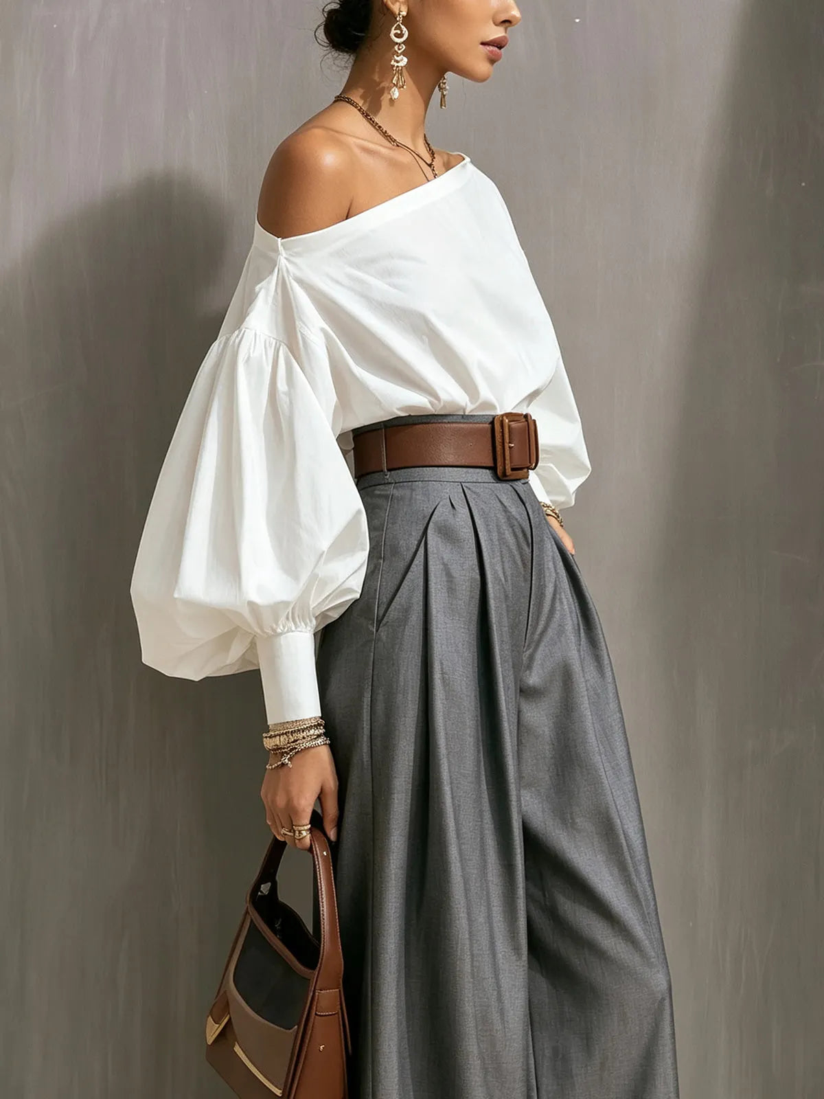 Ivory Off-Shoulder Balloon Sleeve Cotton Blouse
