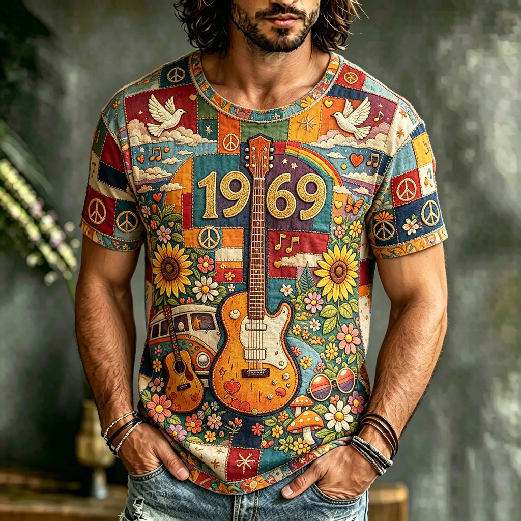 Men's Retro Hippie Peace Logo Floral Guitar Patchwork Print T-shirt