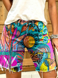 Women's Pop Art Sun Geometric Print Frayed Hem Denim Shorts