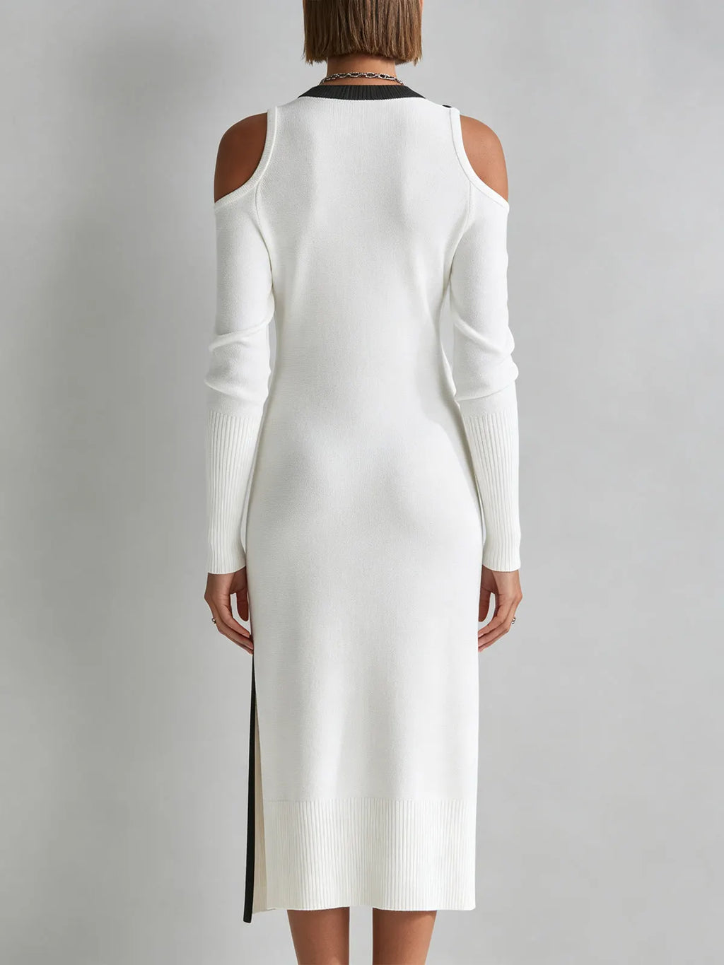 Ivory Asymmetric Button-Trim Cold-Shoulder Midi Sweater Dress