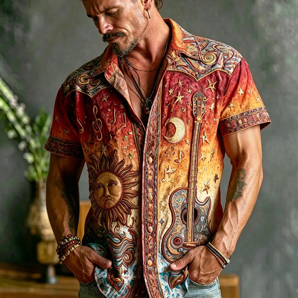 Vintage Sun Moon Guitar Graphic Short Sleeve Button Down Shirt For Men, Boho Western Music Festival Casual Linen Shirt