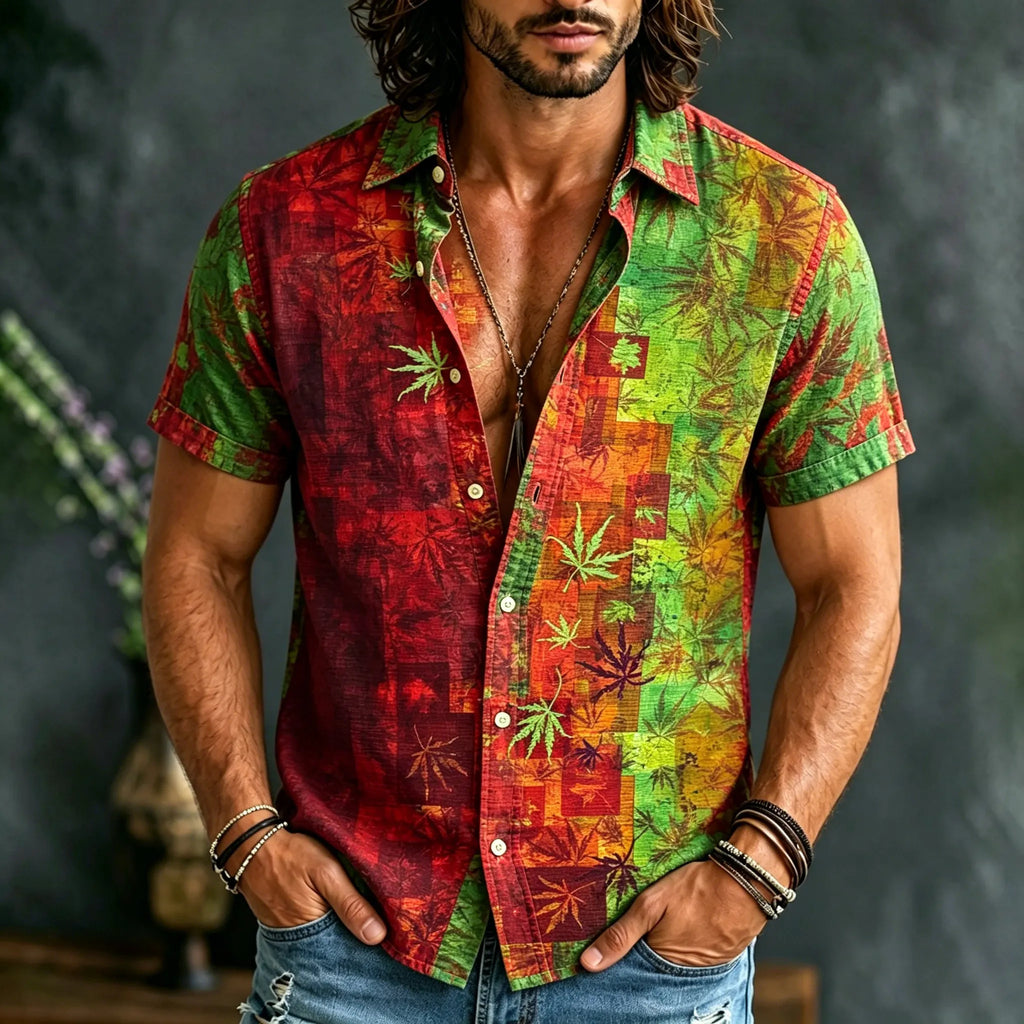 Men's Tie-dye Leaf Print Hippie Vacation Short-sleeved Linen Shirt