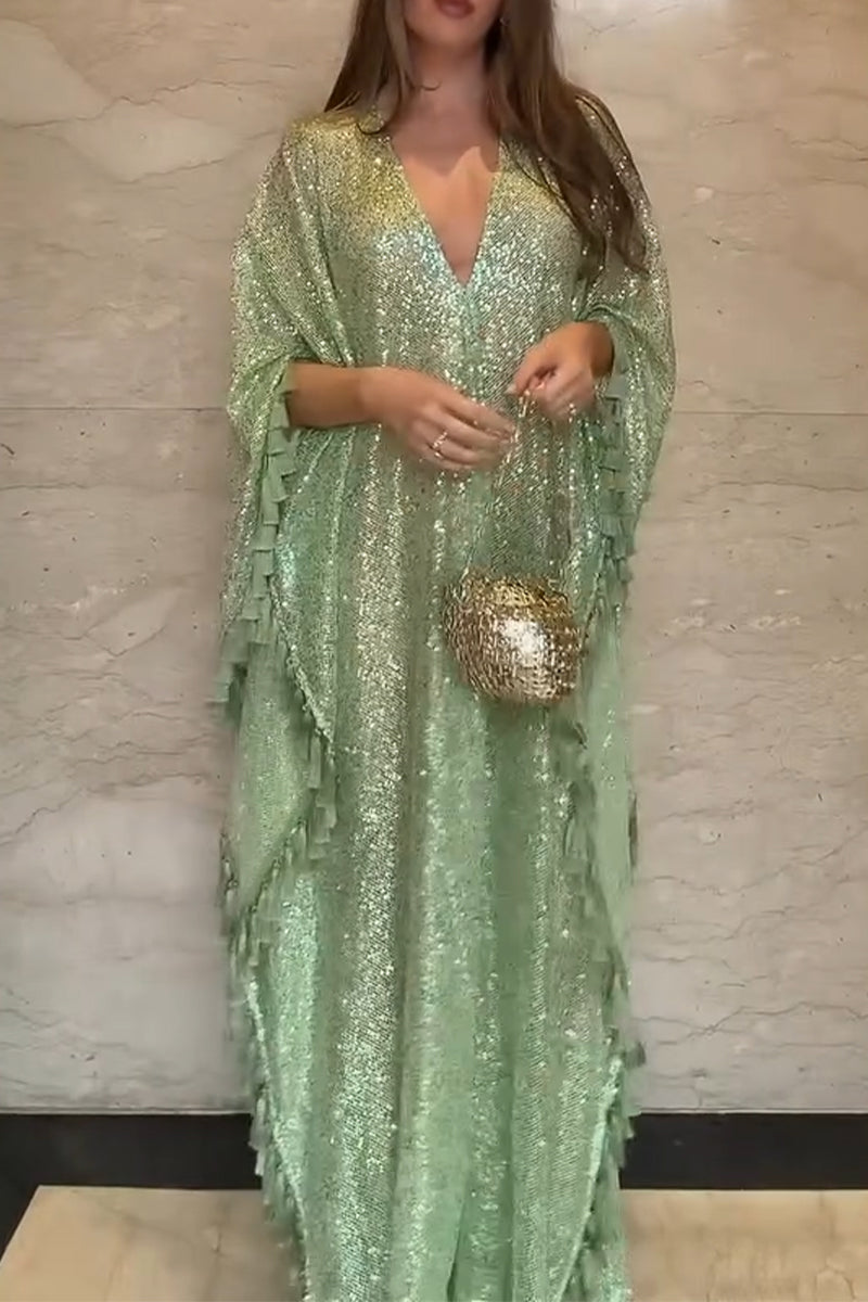 Womens V-neck Sequined Tassel Dress with Elegant Temperament