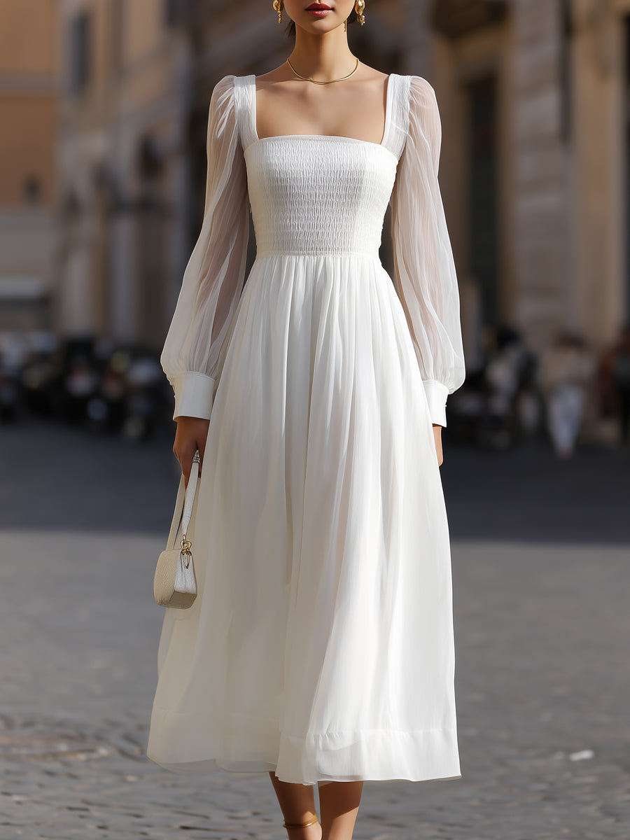 Square Neck Smocked Bodice Sheer Sleeve Midi Dress
