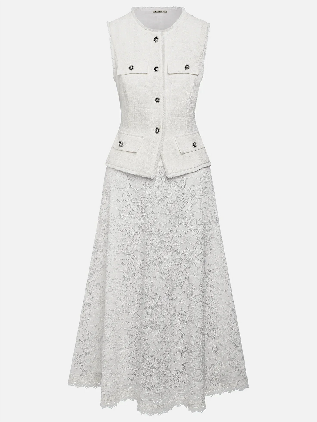 Women Tweed White Buckle Pocket Stitching Crew Neck Sleeveless Dressy Coat With Skirt Two-Piece Set