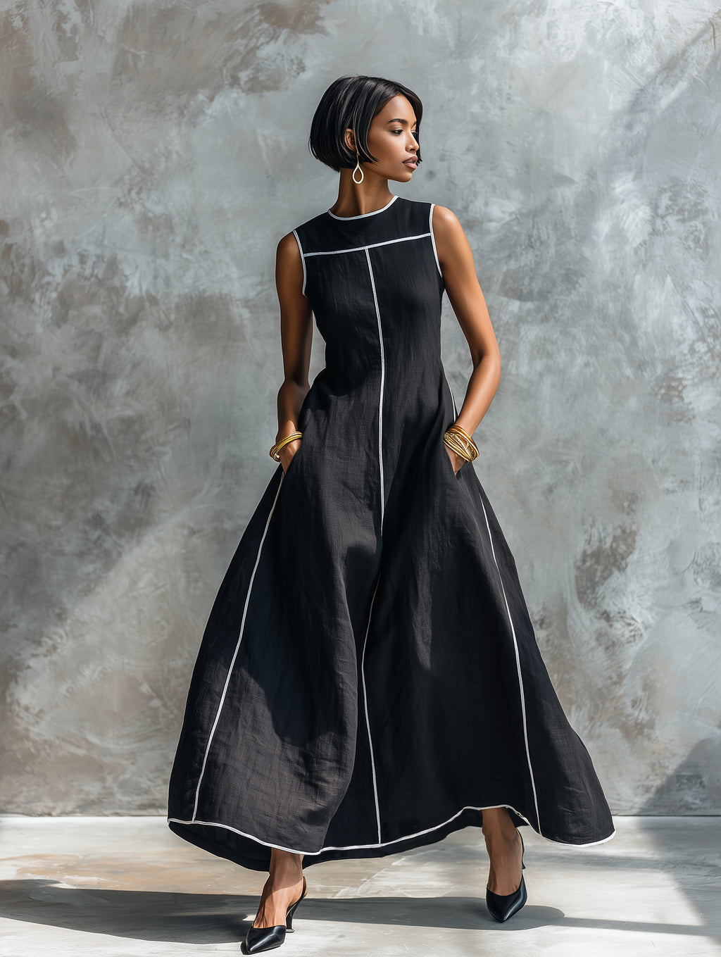 Women's Minimalist Linen-Blend Maxi Dress With Contrast Trim, Round Neck, And Sleeveless Design MDZ1516E0Y