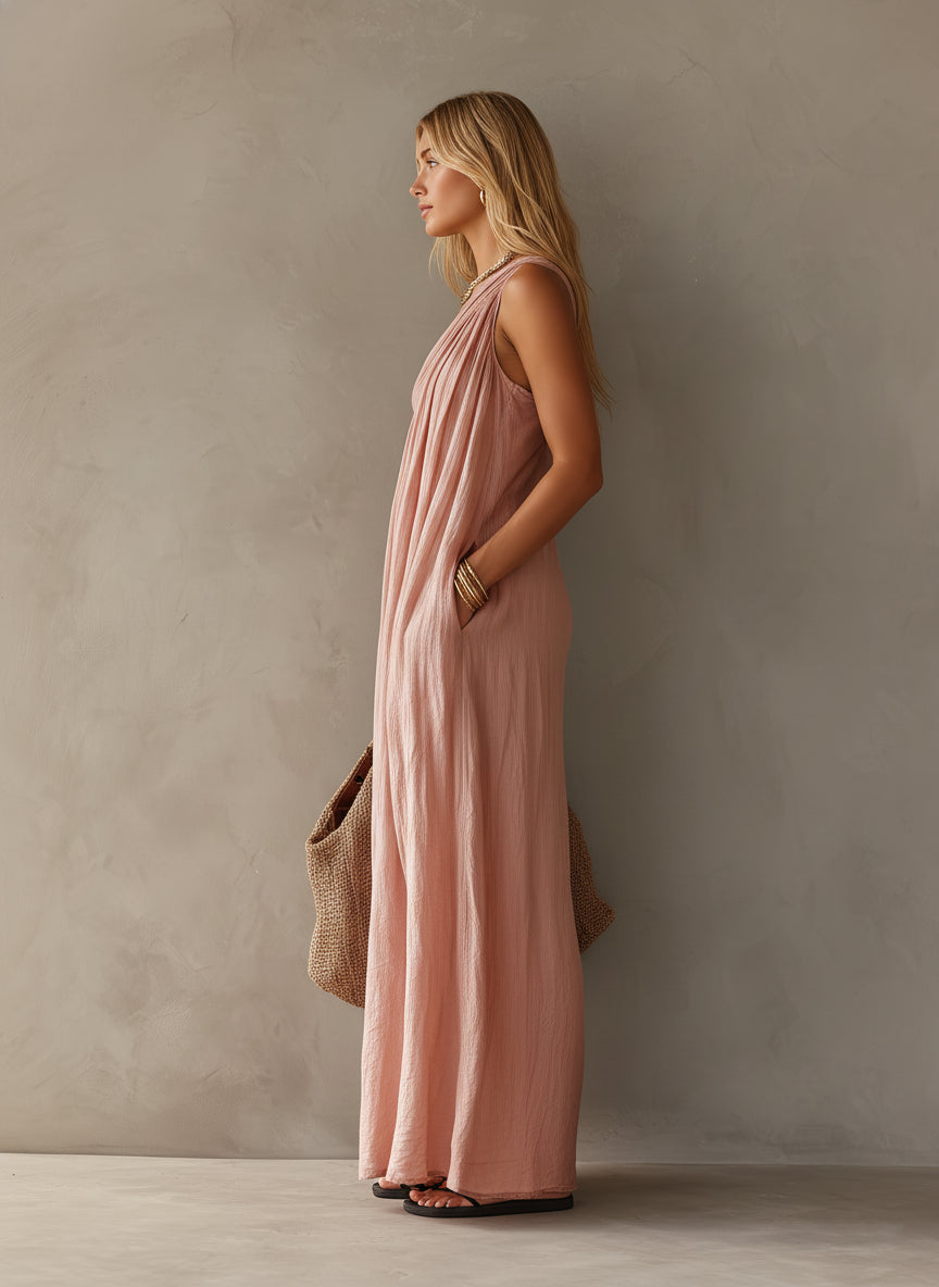 Women's Elegant Pink Cotton-Linen One-Shoulder Sleeveless Maxi Dress MDZ0829E1LXY