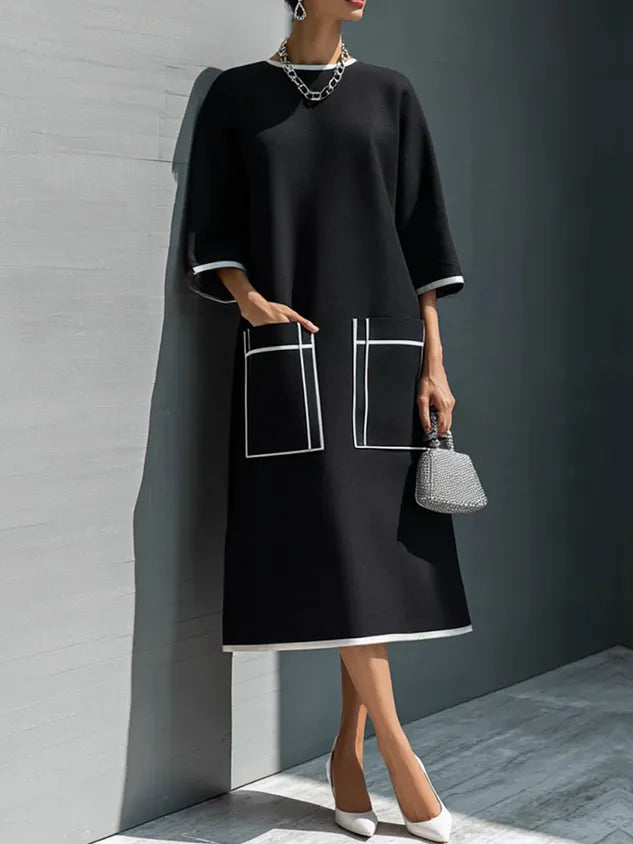 Casual Color Block Crew Neck Midi Dress