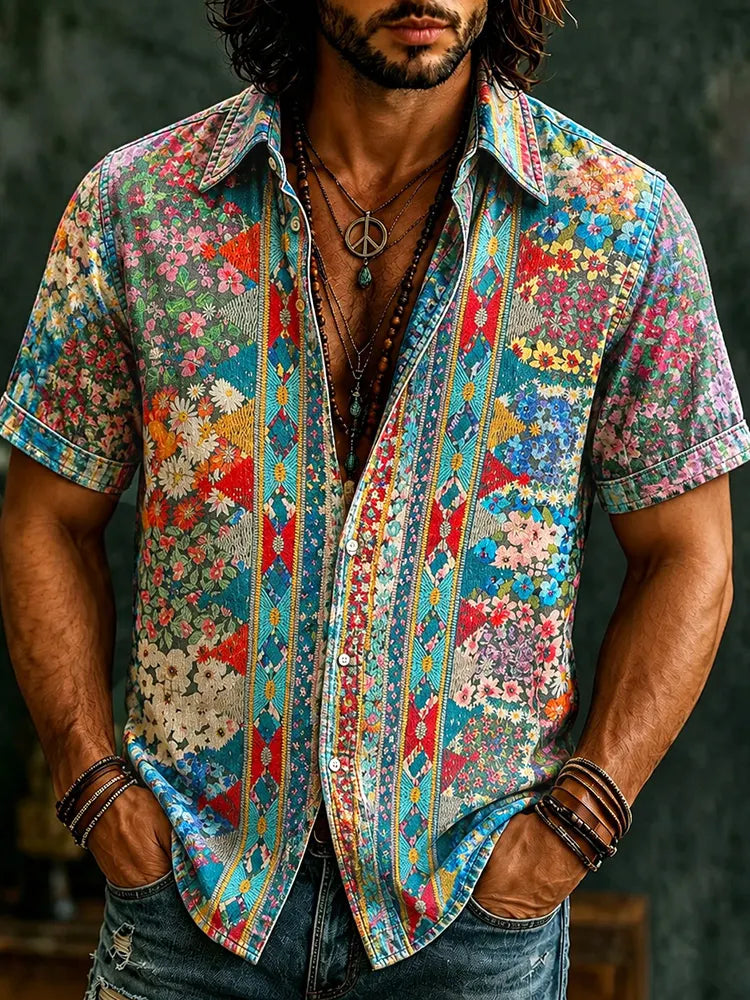 Men's Retro Hippie Ethnic Geometry With Floral Graffiti Art Pattern Casual Washed Shirt