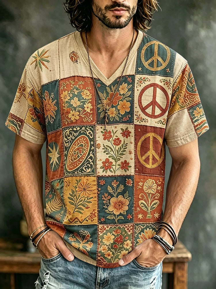 Men's Retro Hippie Floral Pattern Print T-shirt