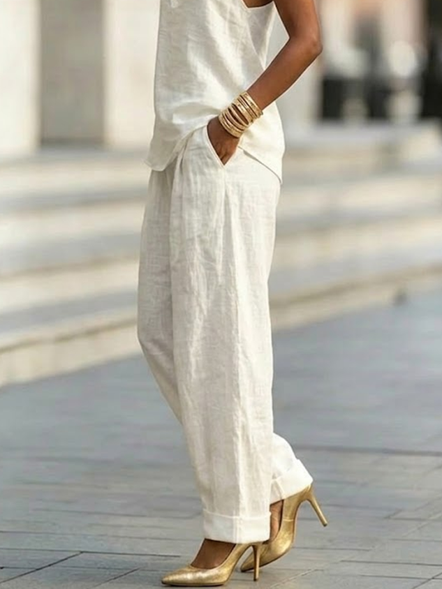 Cotton Casual Plain Wide Leg Pants Fashion Pants