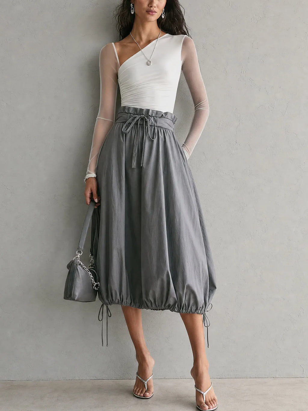 One-Shoulder White Mesh T-shirt And Skirt Set