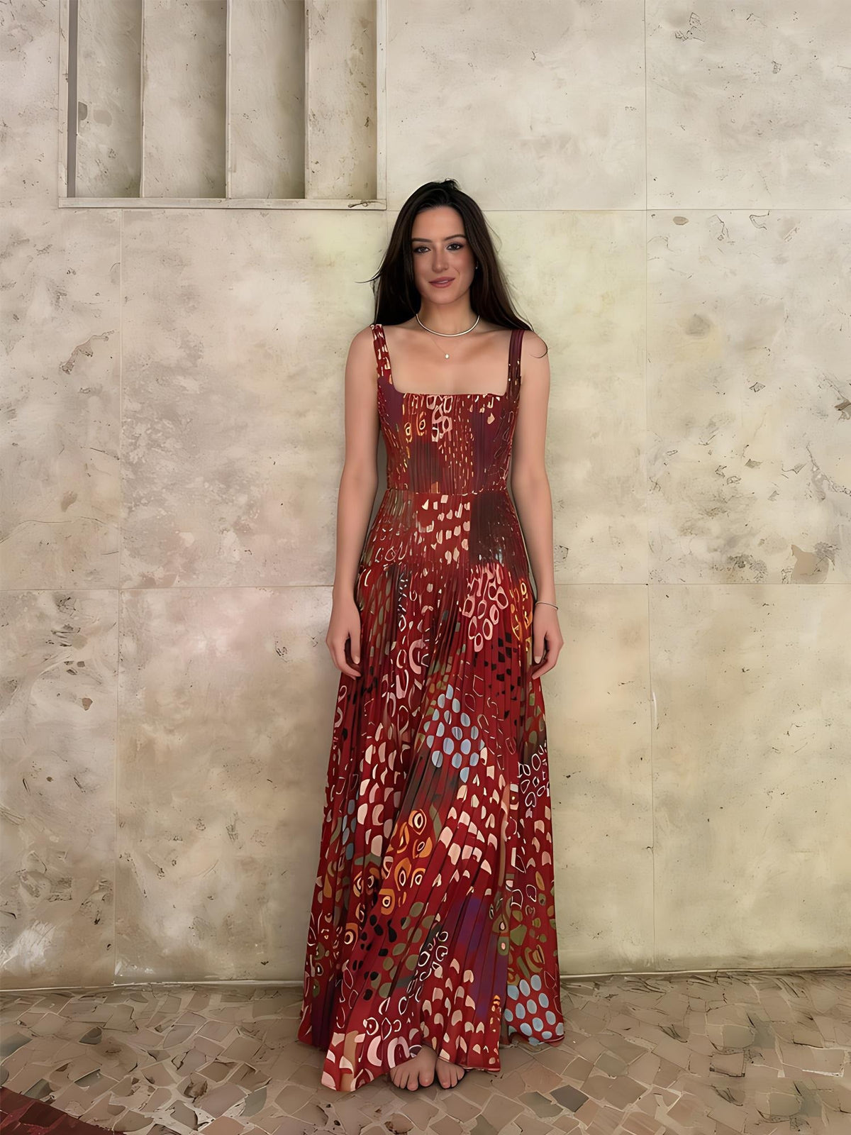 Vintage Print Sleeveless Maxi Dress