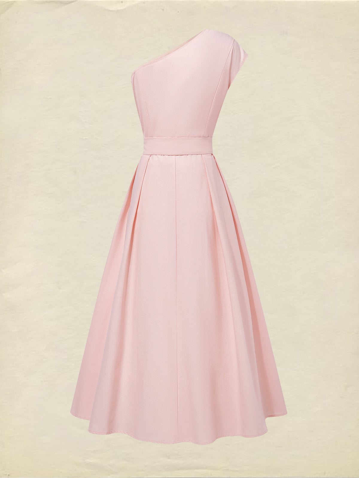 Maxi Cotton Dress , Sleeveless, One shoulder, Plain, Belt Design, Vintage, Light Pink
