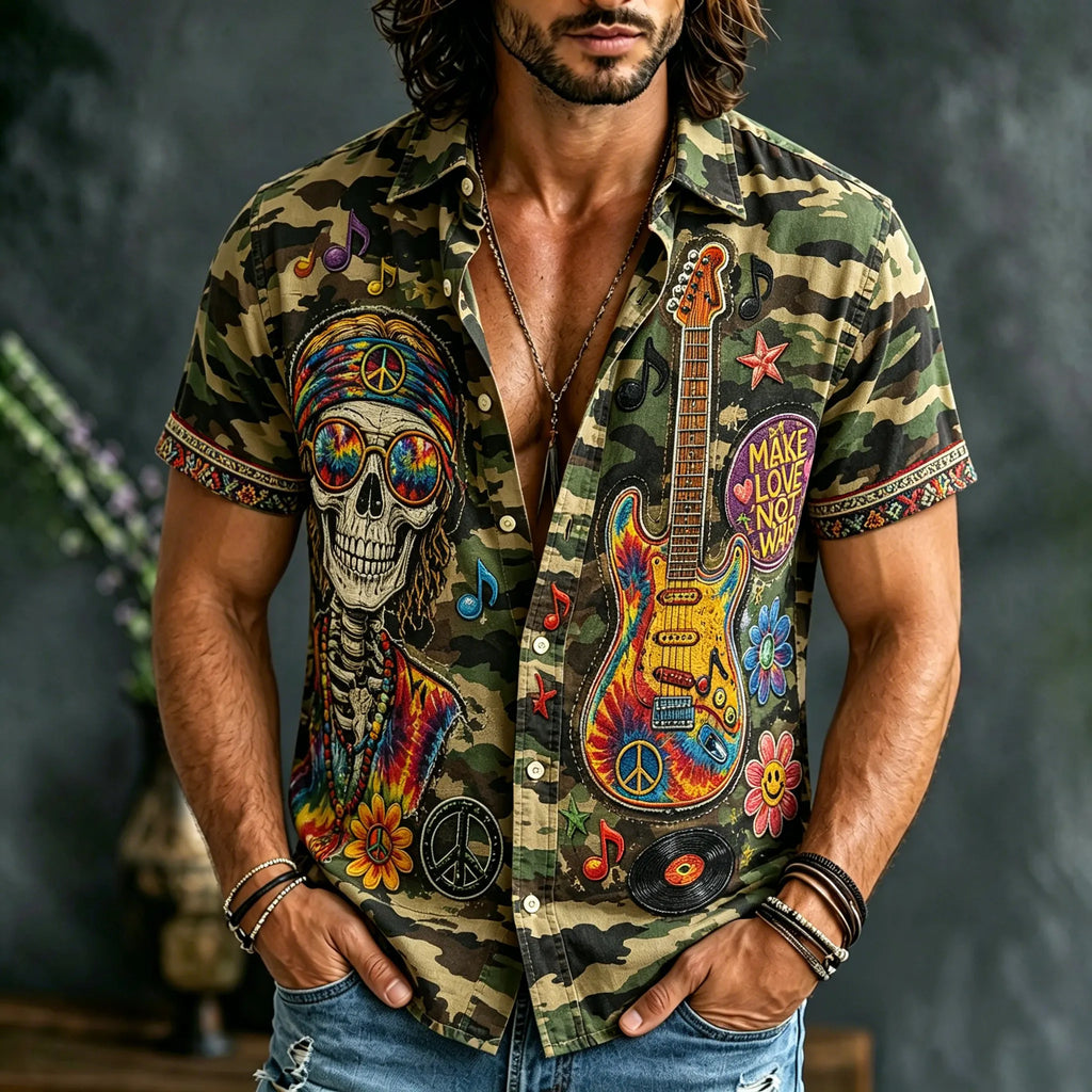 Men's Retro Hippie Camouflage Skull Guitar Print Shirt