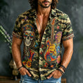 Men's Retro Hippie Camouflage Skull Guitar Print Shirt